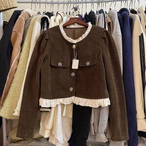 Cute Brown Ribbed Ruffle Trim Cardigan